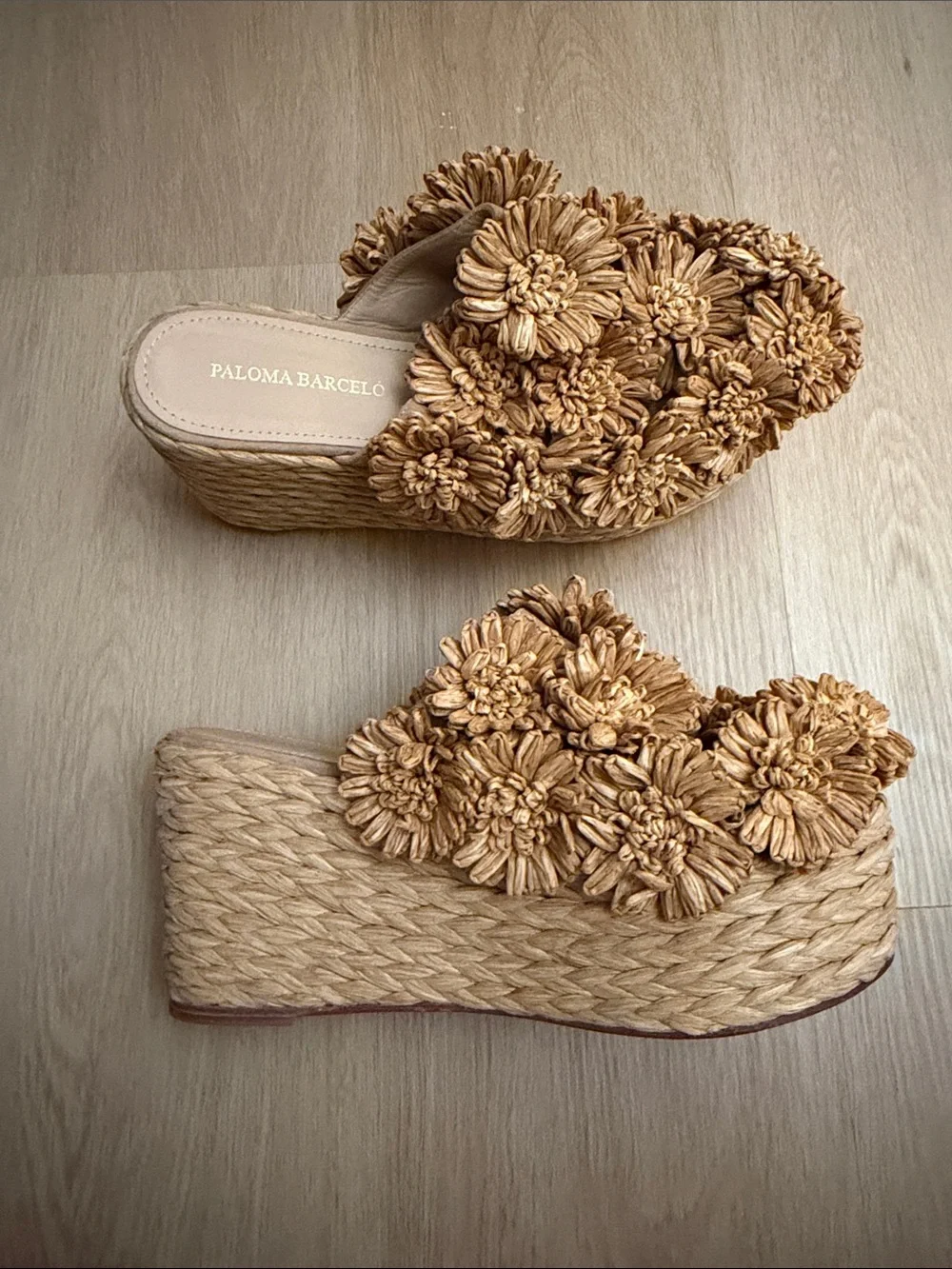 Paloma Barceló Natural Raffia Wedge Slides with Pom-Pom Detail